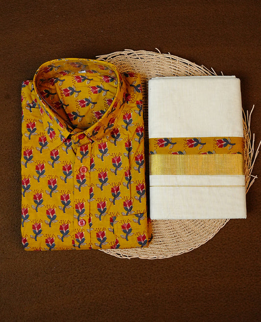 Mustard Colour  Full-Sleeve Shirt With Floral Prints, Paired with a Cotton Double Dhoti Featuring Matching Prints.