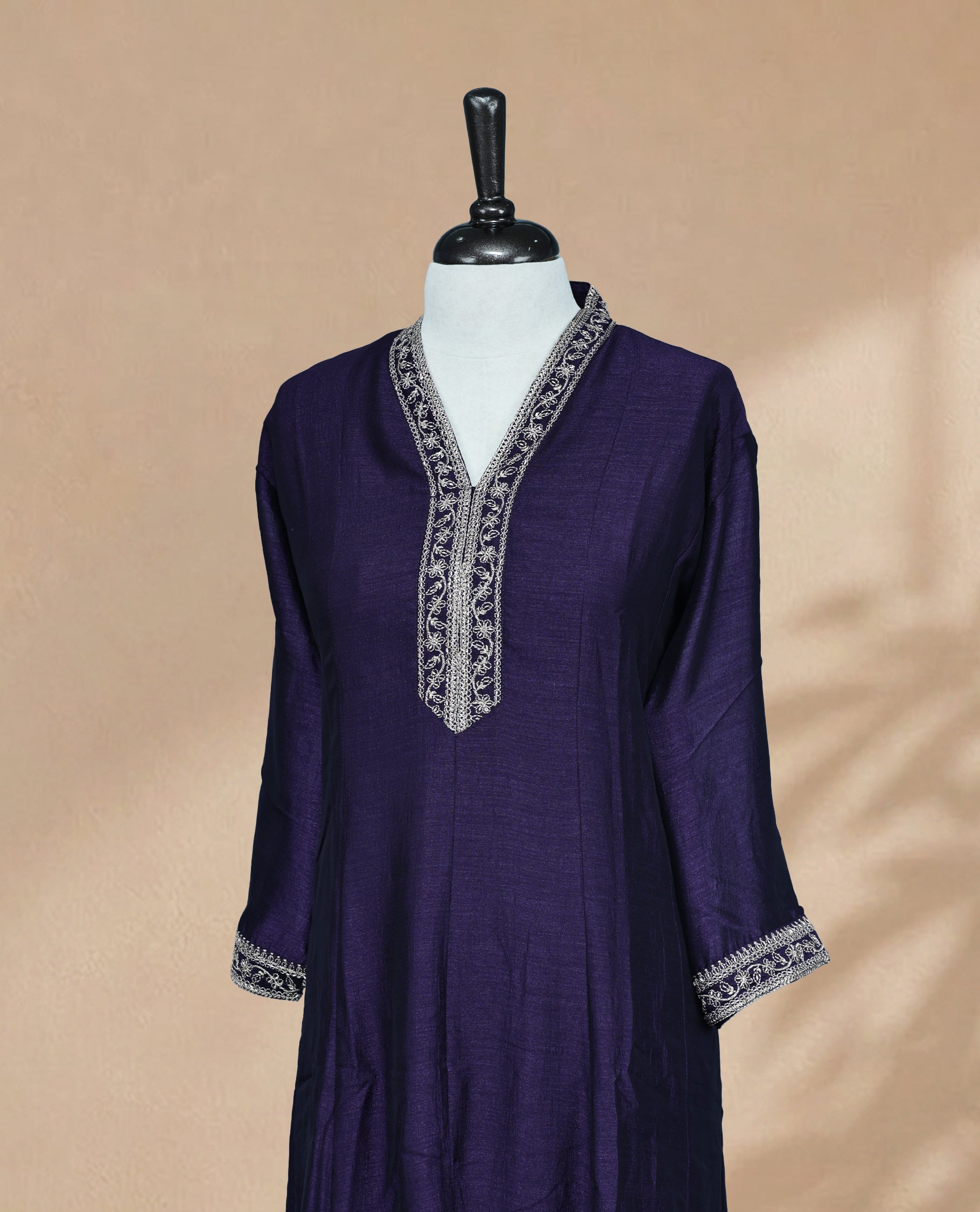 Deep Purple Kurti featuring bead and threadwork on the neck yoke and bottom, a V-shaped neckline, and 3/4 sleeves.