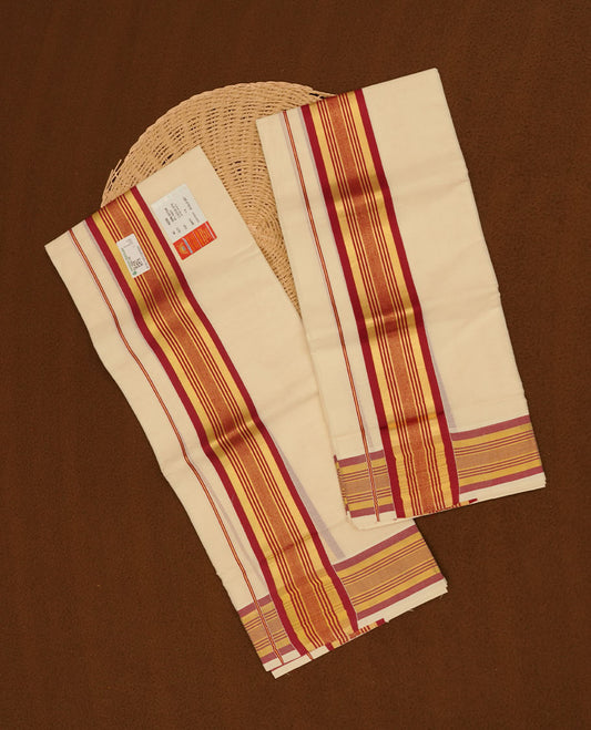 Off white colour cotton set mundu highlights gold and maroon zari border (2.00/2.80 MTS)