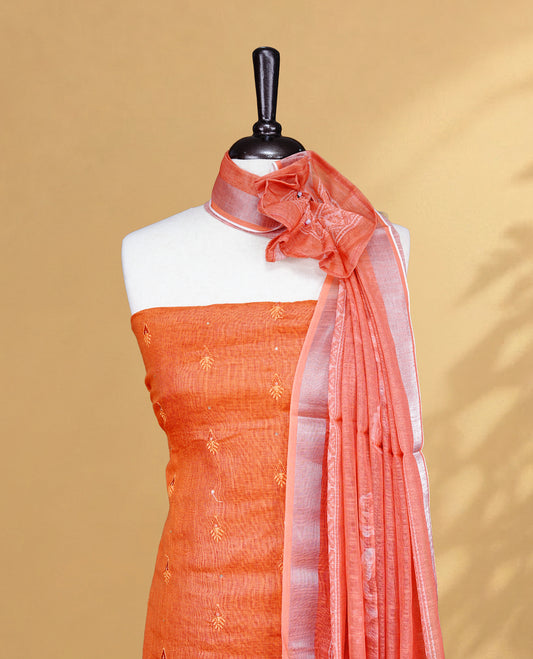 Orange Colour Salwar material Featuring Embroidery work on body, paired with Matching Bottom and same Patterned Dupatta.