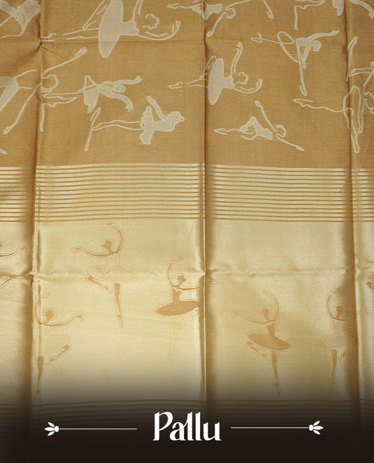 Mustard colour semi tussar silk saree, featuring an intricate white dancing women motif on the body and pallu with gold zari , comes with matching blouse.