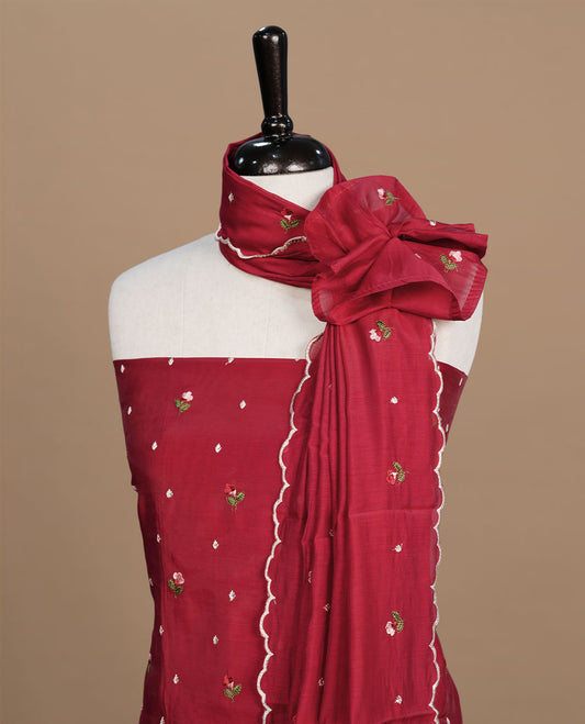 Red colour Mulchanderi salwar suit featuring thread floral buttas on the body and matching dupatta, paired with a santon bottom.