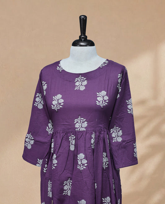 Purple Colour Kurti Featuring Digital Floral Prints On Body, Round  neckline & 3/4 Sleeves With A Matching design