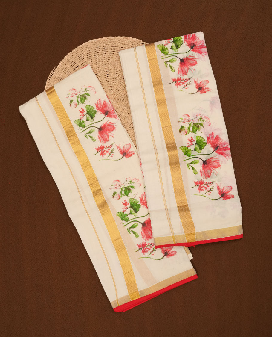 Off white colour cotton set mundu highlights gold zari border featuring floral print across border (2.00/2.80 MTS)