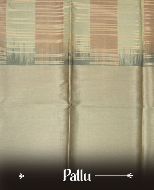 Mustard and pastel green colour semi tussar silk saree, featuring an intricate gold zari stripes on body and pallu , comes with matching blouse.