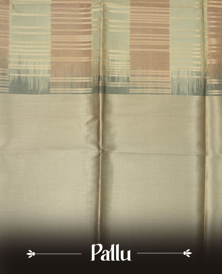 Mustard and pastel green colour semi tussar silk saree, featuring an intricate gold zari stripes on body and pallu , comes with matching blouse.