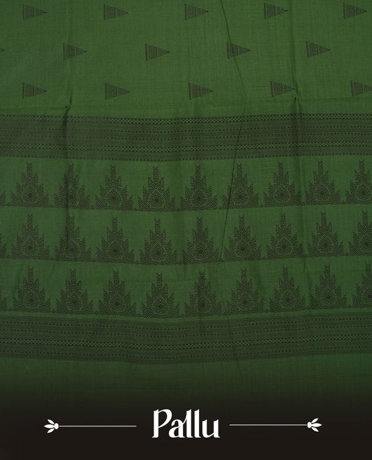 Dark Green colour poly cotton saree with black temple motifs on the body, paired with a matching pallu with black woven traditional border, and a coordinated all‑over geometric printed blouse piece.