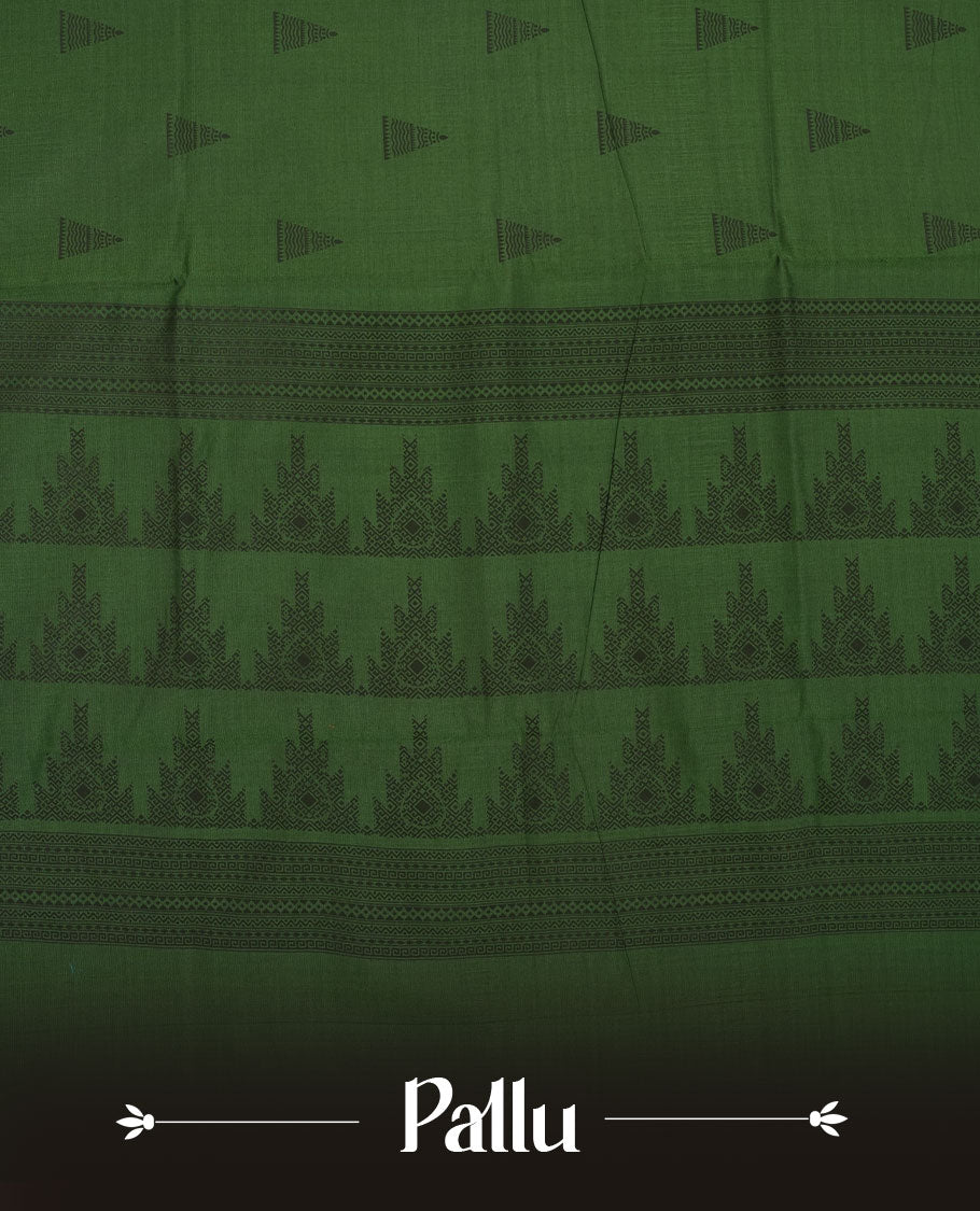 Dark Green colour poly cotton saree with black temple motifs on the body, paired with a matching pallu with black woven traditional border, and a coordinated all‑over geometric printed blouse piece.