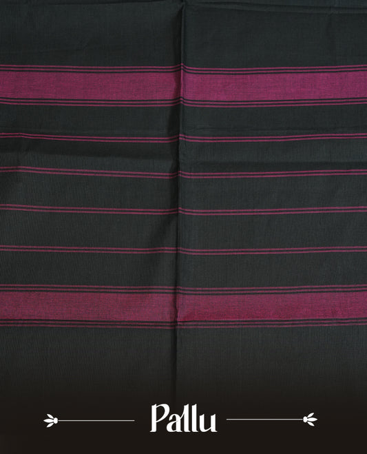 Black colour chettinad cotton saree featuring Elegant plain body, complemented by Self Colour with gold zari border, comes with matching blouse piece.