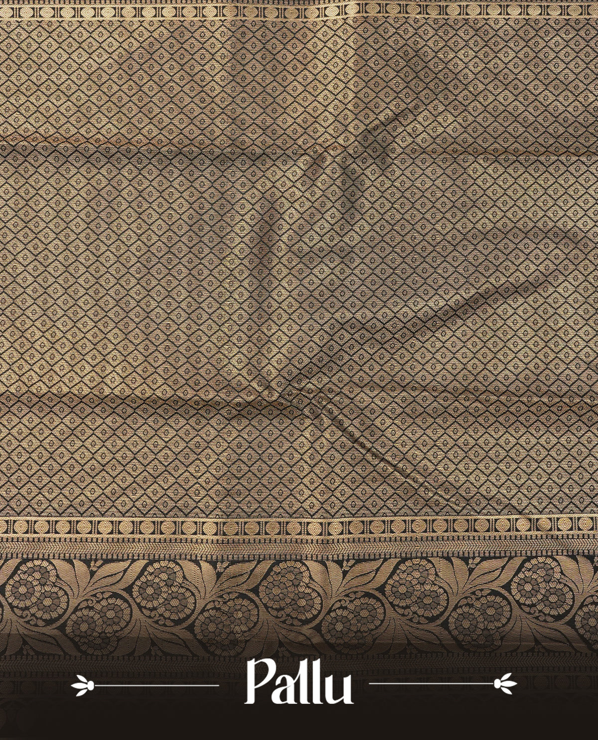 Beige colour semi wedding saree featuring gold zari Strips with motif across the body, complemented by black colour with traditional border. Comes with a matching blouse piece.