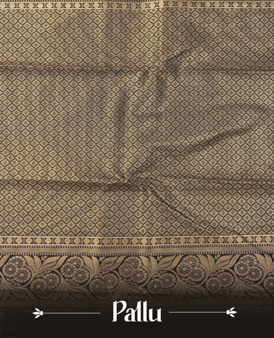 Beige colour semi wedding saree featuring gold zari Strips with motif across the body, complemented by black colour with traditional border. Comes with a matching blouse piece.