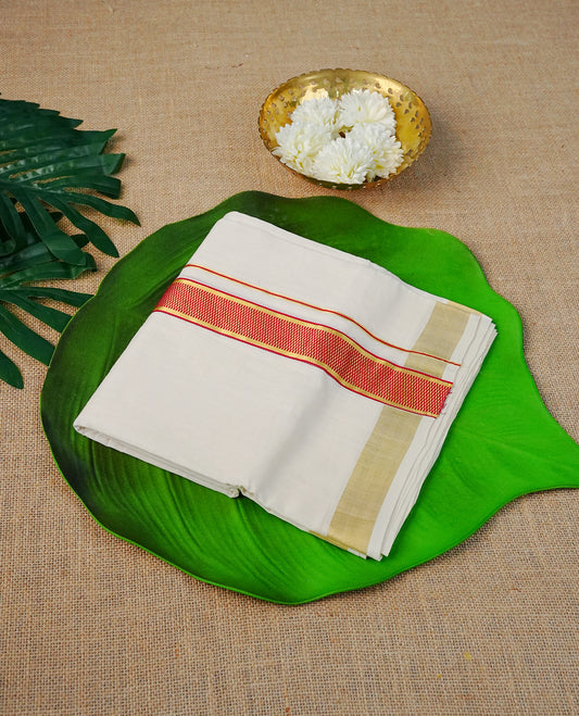 Cream Colour Cotton Double Dhoti Finished With A Classic Red Little check Pattern On Golden Zari Kara