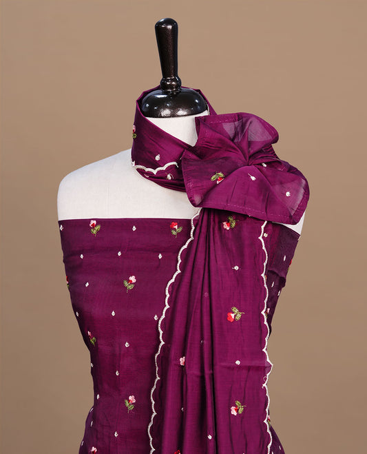 Wine colour Mulchanderi salwar suit featuring thread floral buttas on the body and matching dupatta, paired with a santon bottom.