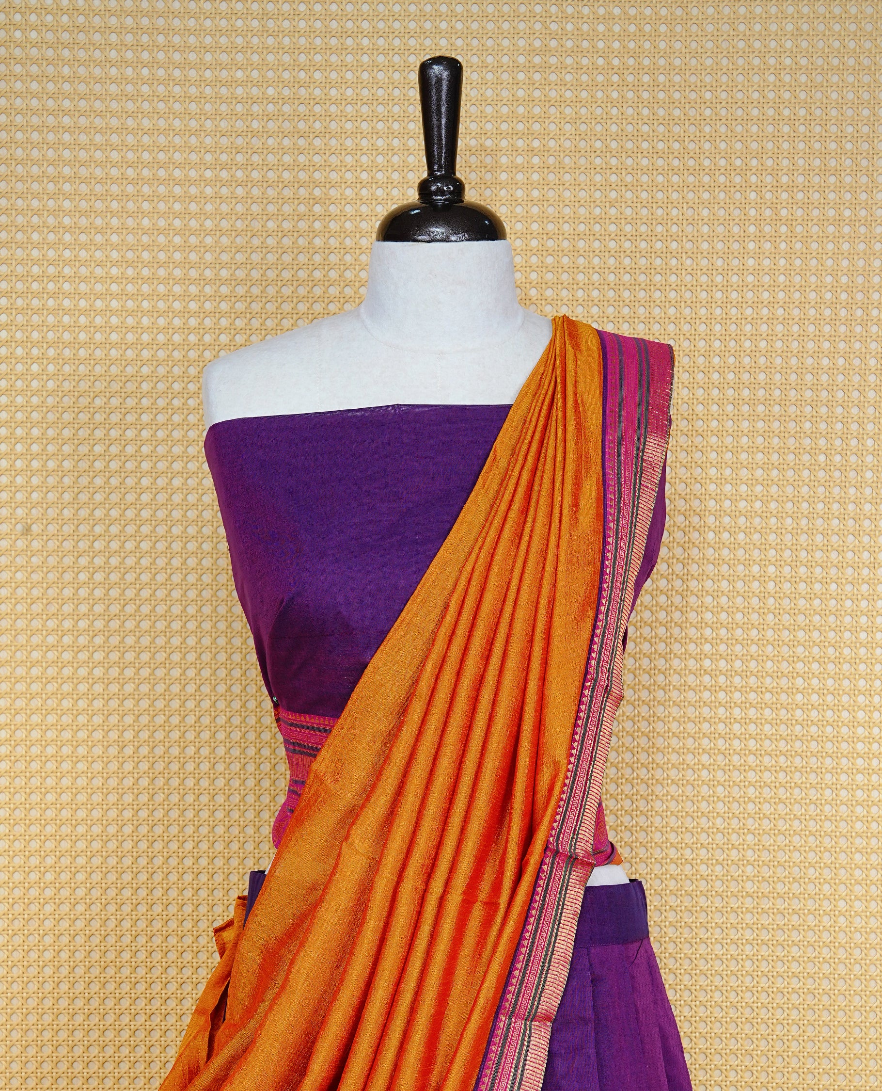 Purple colour Semi Stitched Dhavni set Featuring Purple Skirt With Contrast Mustard, Green & magenta colour with Zari border, paired with UnStitched Blouse & Elegant Dupatta.