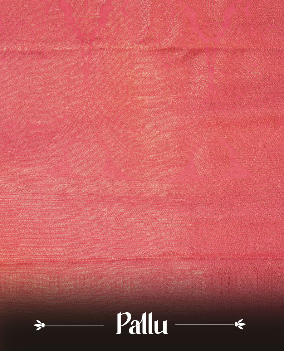 Peachish Pink colour semi soft silk brocade saree featuring delicate floral woven motifs across the body, finished with an intricately detailed traditional pallu and a matching blouse.