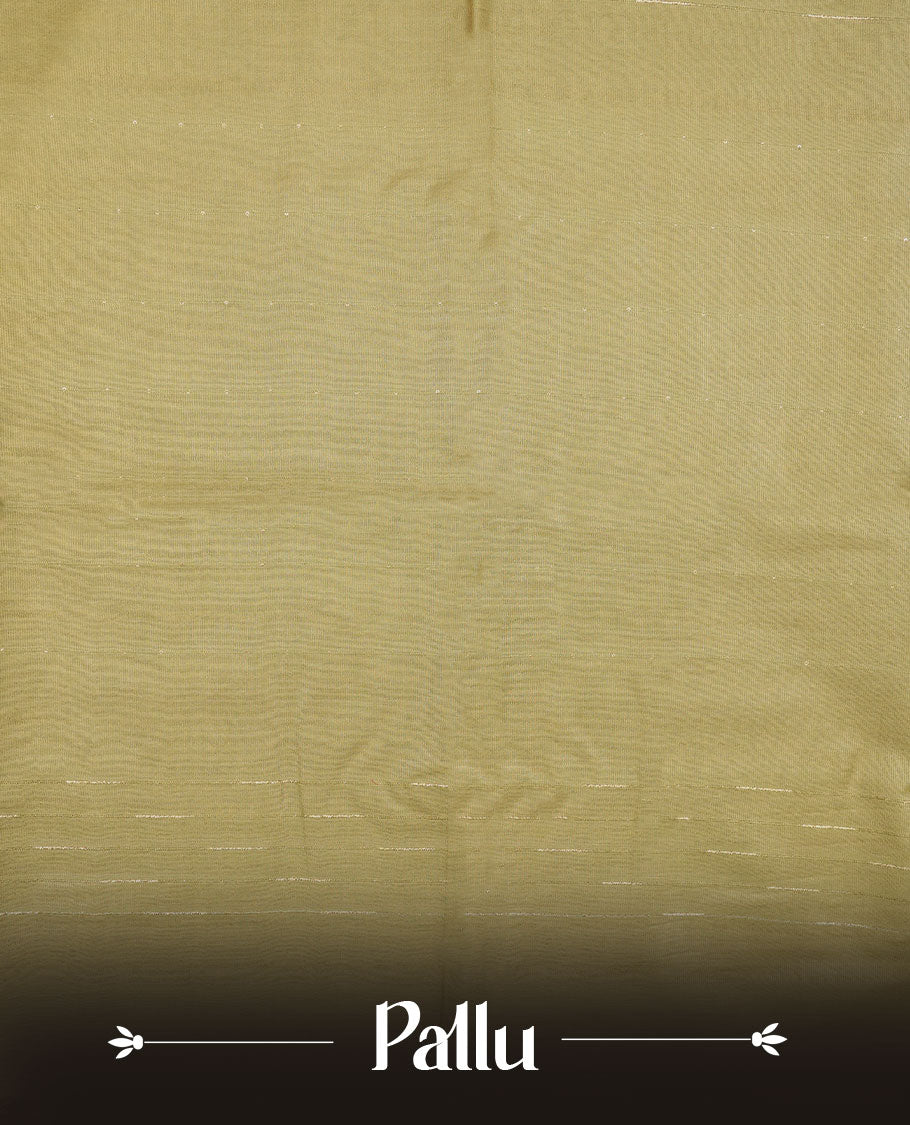 Olive colour semi jute saree highlighting gold zari stripped body with white motifs, without border and paired with matching blouse.