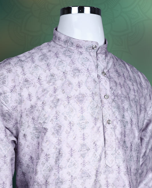 Lavender cotton kurta featuring subtle all over ethnic motifs in a tonal print, designed with a mandarin collar, buttoned placket, and full sleeves, ideal for festive and casual ethnic wear.
