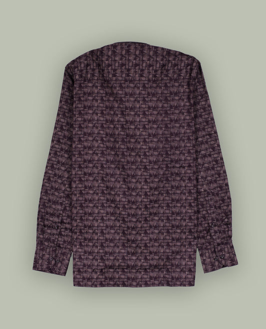 Wine colour geometric print shirt with a classic spread collar and full sleeves, Crafted from a premium cotton blend, it offers comfort and elegance.