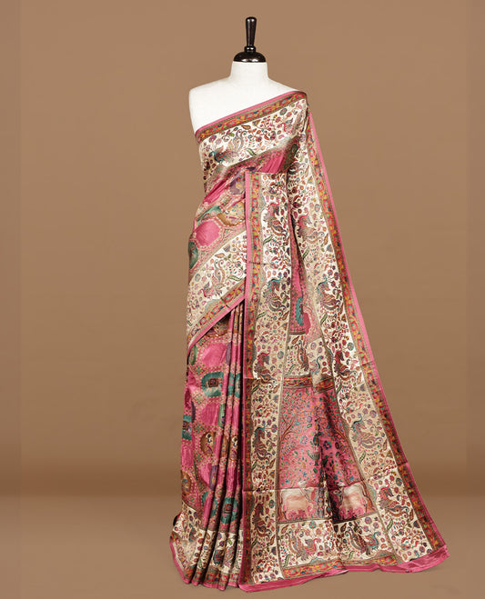 Pink colour Pashmina silk saree features an all over Multi colour box with motifs body, a contrast red floral kodi border and pallu, and a matching unstitched blouse.