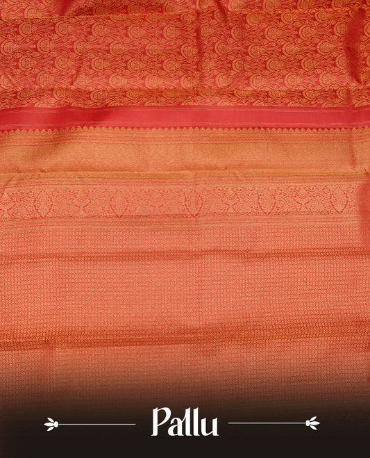 Red colour kancheepuram silk saree featuring gold zari pattern across body, complemented by selfcolour border traditional zari border, paired with matching blouse piece.