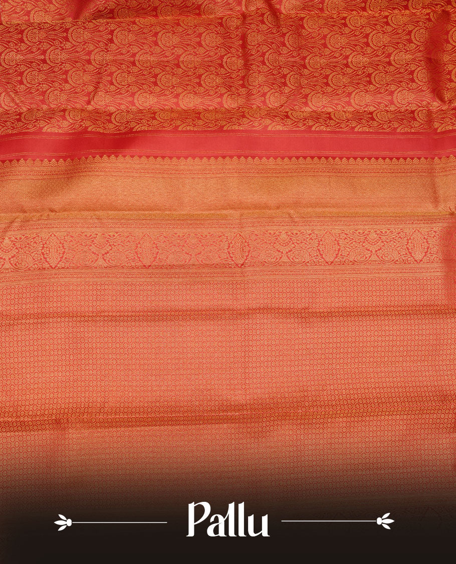 Red colour kancheepuram silk saree featuring gold zari pattern across body, complemented by selfcolour border traditional zari border, paired with matching blouse piece.