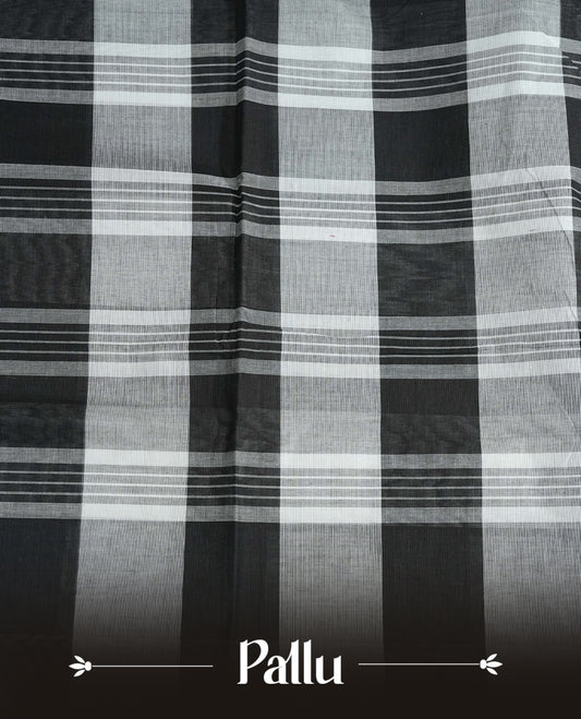 Black & White colour chettinad cotton saree featuring check pattern on body, complemented by Self Colour with gold zari border, comes with matching blouse piece.