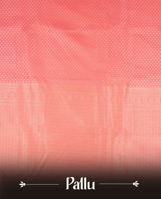 Pink colour semi silk brocade saree featuring intricate Gold patterns across the body, complemented by a Self colour woven border and pallu, paired with a matching blouse.