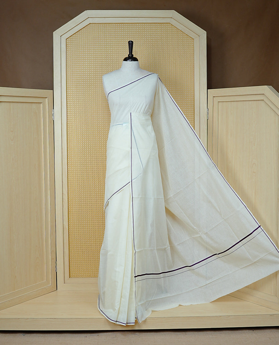 Cream Colour Cotton Kerala Saree Featuring A Classy Plain Body For Effortless Elegance, Enhanced By A Minimalist  Grape Border, Paired With A Matching Blouse Piece