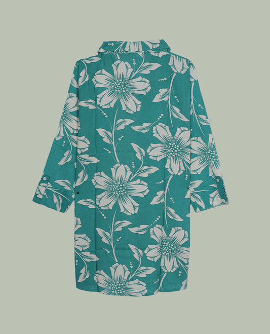 Teal colour floral printed shirt dress featuring a classic shirt collar, full button-down placket, long sleeves with cuff detail, and a straight knee-length silhouette.