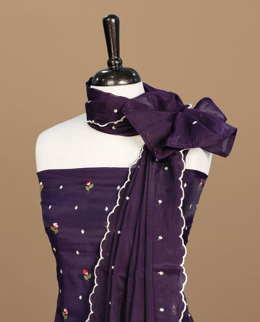 Purple colour Mulchanderi salwar suit featuring thread floral buttas on the body and matching dupatta, paired with a santon bottom.