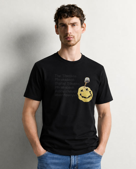 Black colour t shirt featuring round design neck, elegant Design body with a text, Half sleeve.