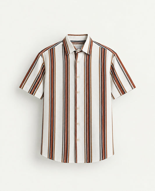 Off white colour shirt with Multi colour strip patterned body, Half sleeve.