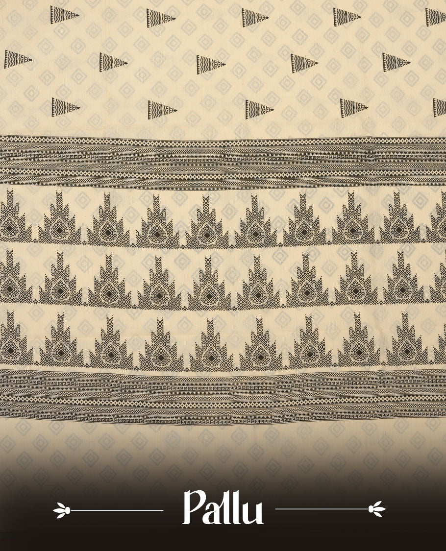 Cream colour poly cotton saree with black temple motifs on the body, paired with a matching with black woven traditional border, and a coordinated all‑over geometric printed blouse piece.