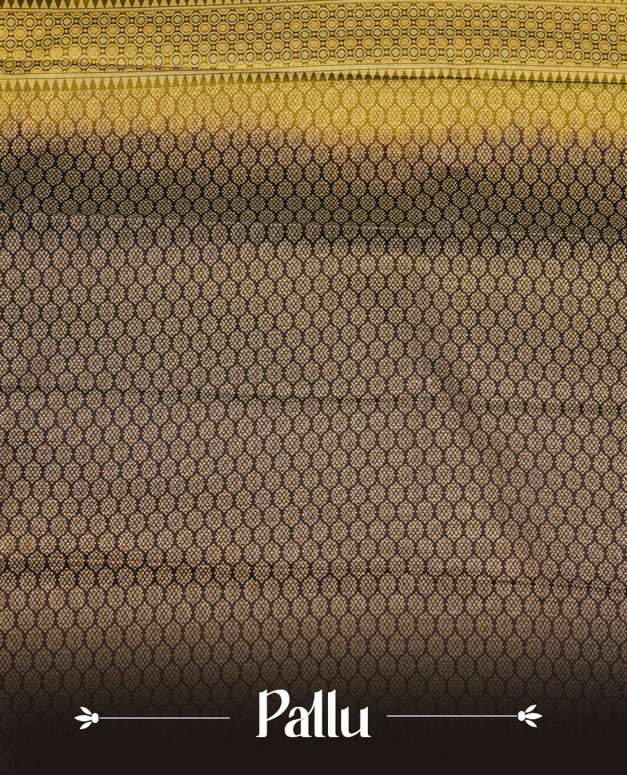 Olive colour soft silk saree featuring Gold zari motifs on body, complemented by contrast chocolate colour with traditional border, paired with matching blouse piece.