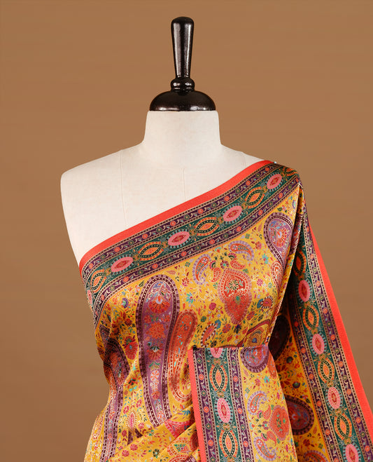 Mustard yellow colour Pashmina Saree featuring multicolour floral and paisley woven body, a contrast multicolour geometric border with red edging, an ornate paisley woven pallu, paired with a matching blouse.