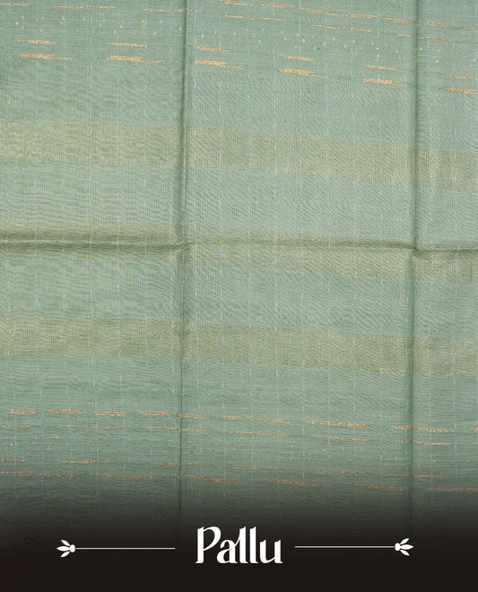 Mint colour semi jute saree highlighting gold zari striped body, without border and paired with matching blouse.