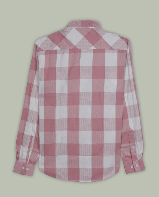 Light pink and white checked shirt crafted in soft fabric, featuring a classic collar and full sleeves, A perfect blend of charm and comfort, ideal for both casual outings and semi-formal occasions.