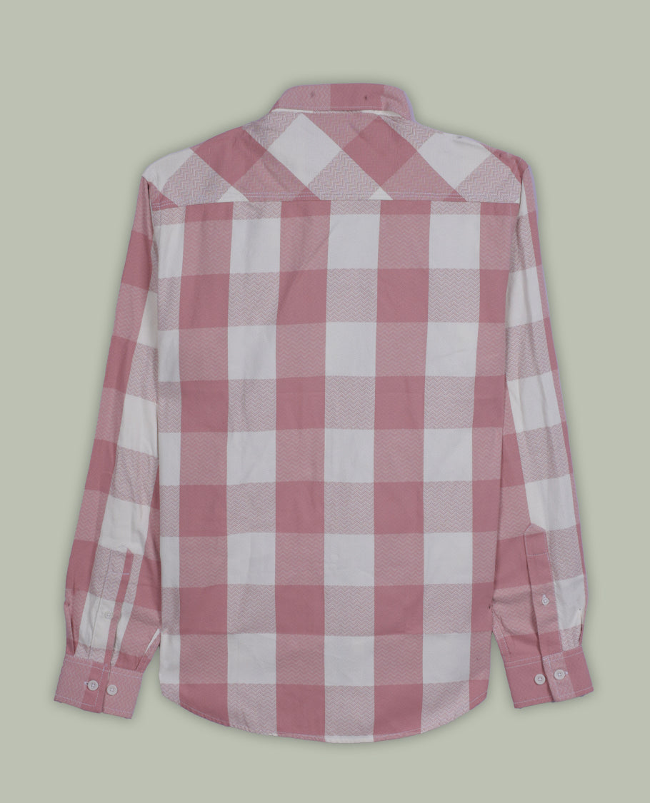 Light pink and white checked shirt crafted in soft fabric, featuring a classic collar and full sleeves, A perfect blend of charm and comfort, ideal for both casual outings and semi-formal occasions.