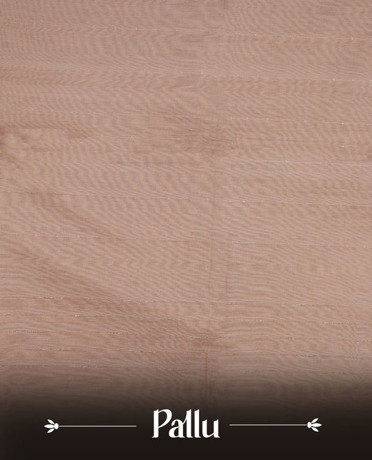 Light lavender colour semi jute saree highlighting gold zari stripped body with white motifs, without border and paired with matching blouse.