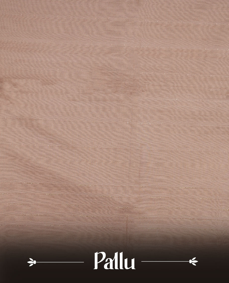 Light lavender colour semi jute saree highlighting gold zari stripped body with white motifs, without border and paired with matching blouse.