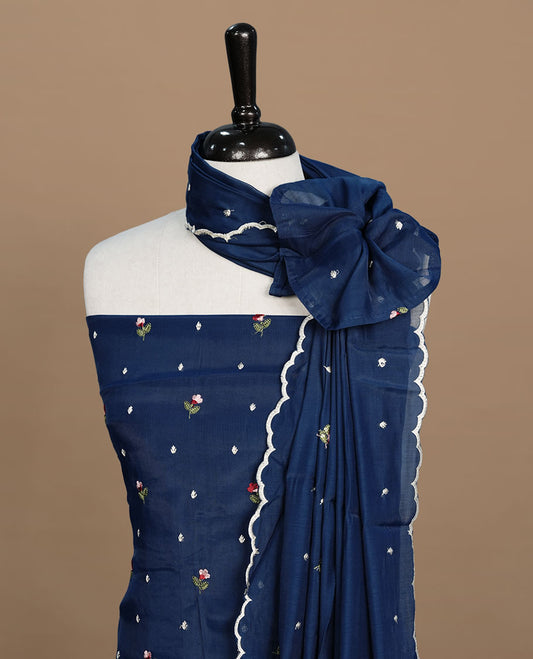 Blue colour Mulchanderi salwar suit featuring thread floral buttas on the body and matching dupatta, paired with a santon bottom.