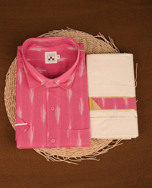 Multicolour colour shirt featuring Floral Pattern printed body, paired with cream colour double dhoti featuring Purple printed border.