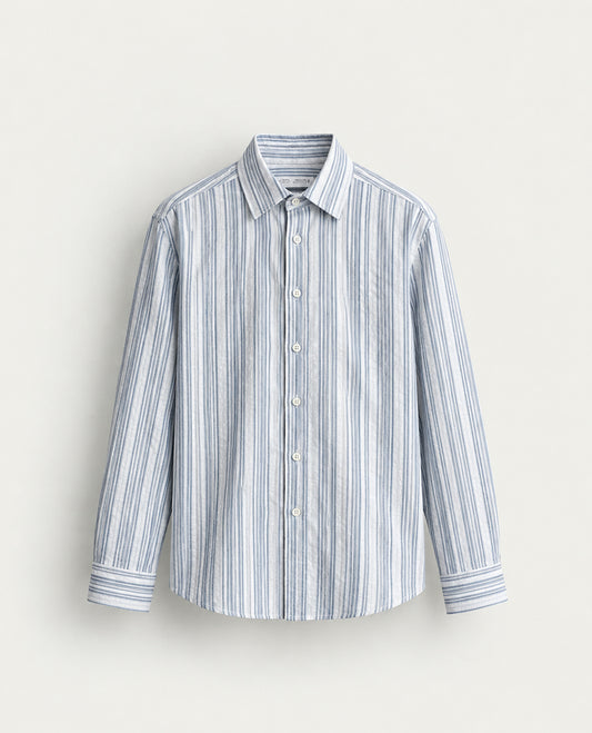 Off white colour shirt with Blue colour strip patterned body, Full sleeve.