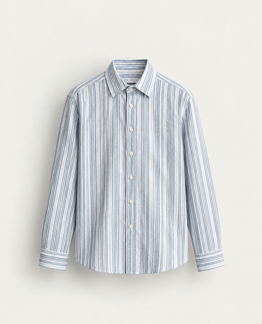 Off white colour shirt with Blue colour strip patterned body, Full sleeve.