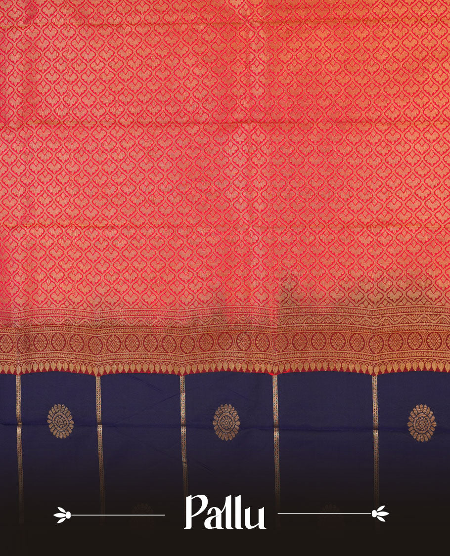 Navy blue colour semi silk saree highlighting gold zari strip pattern with motifs across body, featuring contrast rani pink colour border with gold zari pattern, comes with matching blouse .