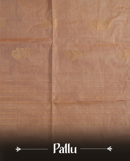 Beige colour chettinad cotton saree featuring gold zari motifs on body, Contrast Brown colour with Gold zari border, comes with matching blouse piece.