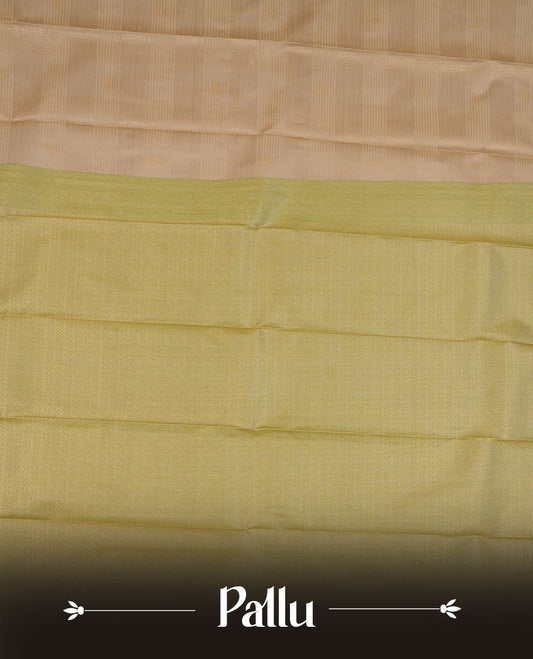 Beige colour semi silk saree highlighting gold zari check pattern  and motifs across body, featuring contrast pastel green colour border with gold zari pattern, comes with matching blouse .