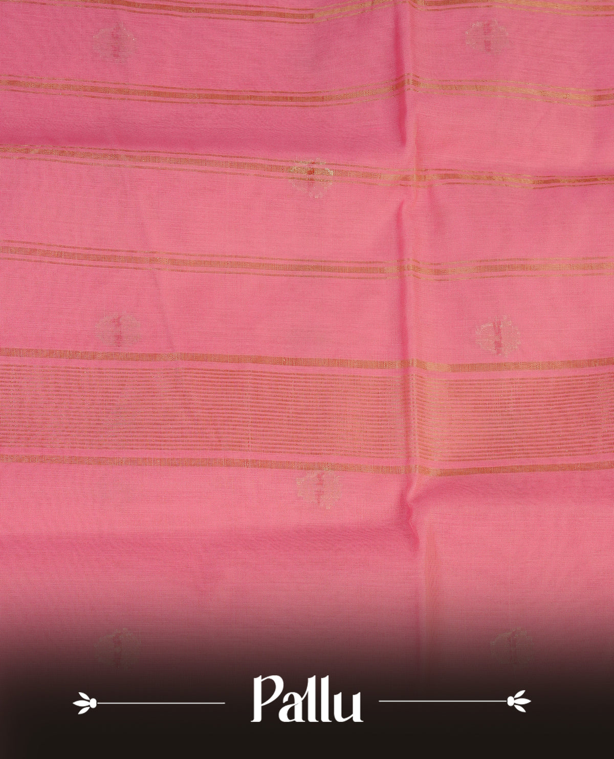 Baby pink colour Maheshwari cotton saree, gold zari floral motifs on body, complement self colour gold zari border comes with matching blouse.