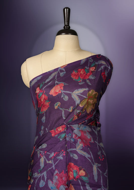 Purple colour saree enhanced with a vibrant multiple colour floral prints on body & pallu, and comes with a matching blouse.