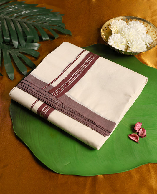 Elegant off white colour pure cotton double dhoti, adorned with a rich maroon border featuring fine woven detailing, A timeless blend of tradition and sophistication, perfect for festive and cultural occasions.